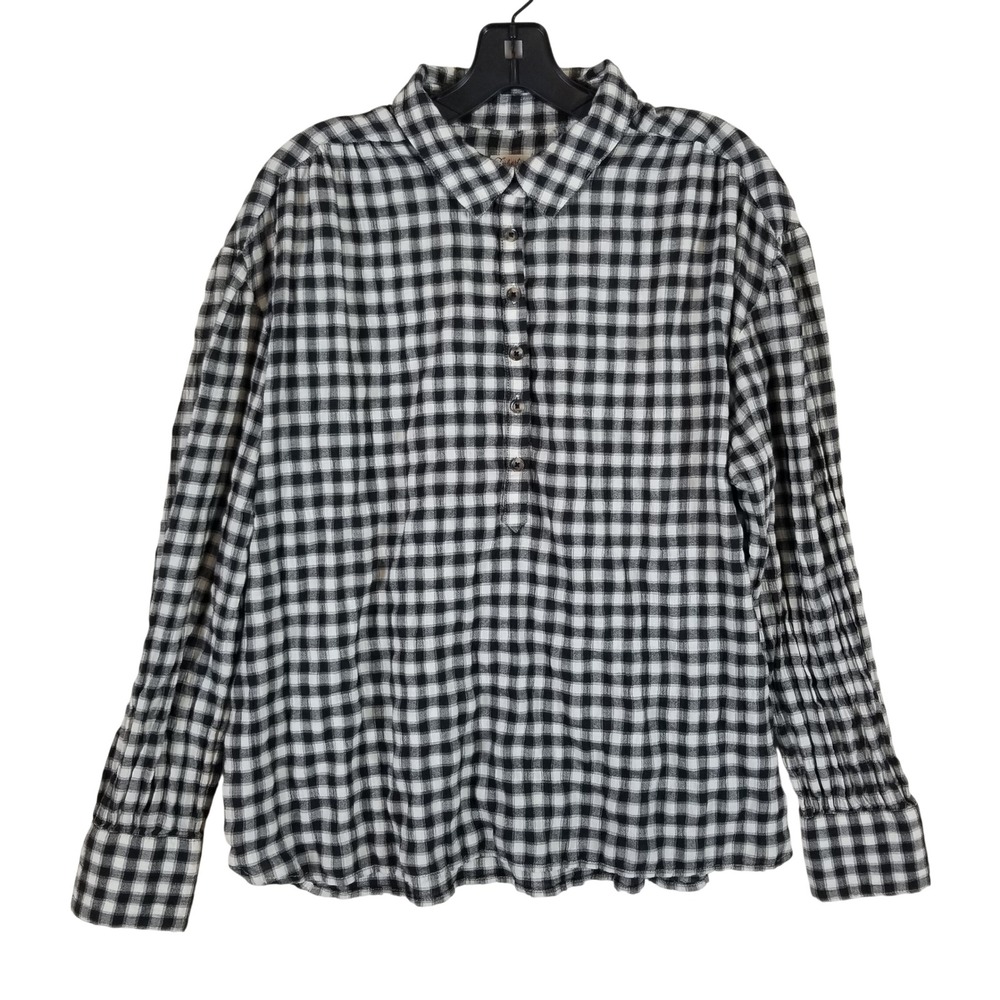 Faherty Popover Shirt Womens L Black White Gingham Organic Cotton Crinkle Blouse